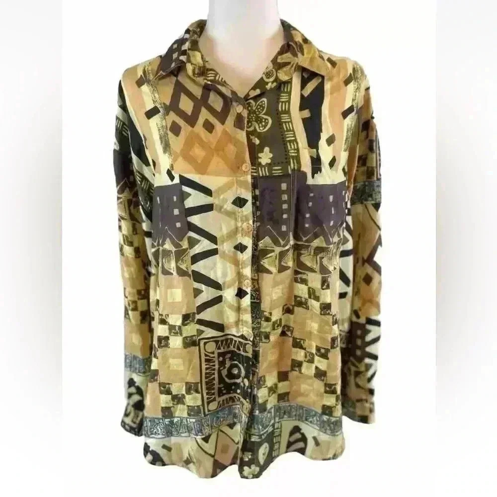 Details Express Womens Vintage 90s Silk Oversize Shirt‎ Size L Brown Gold Funky